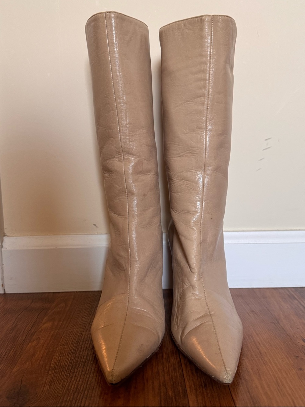 Vintage Jimmy Choo London Cream Leather Pointed Toe Boots, Size 38